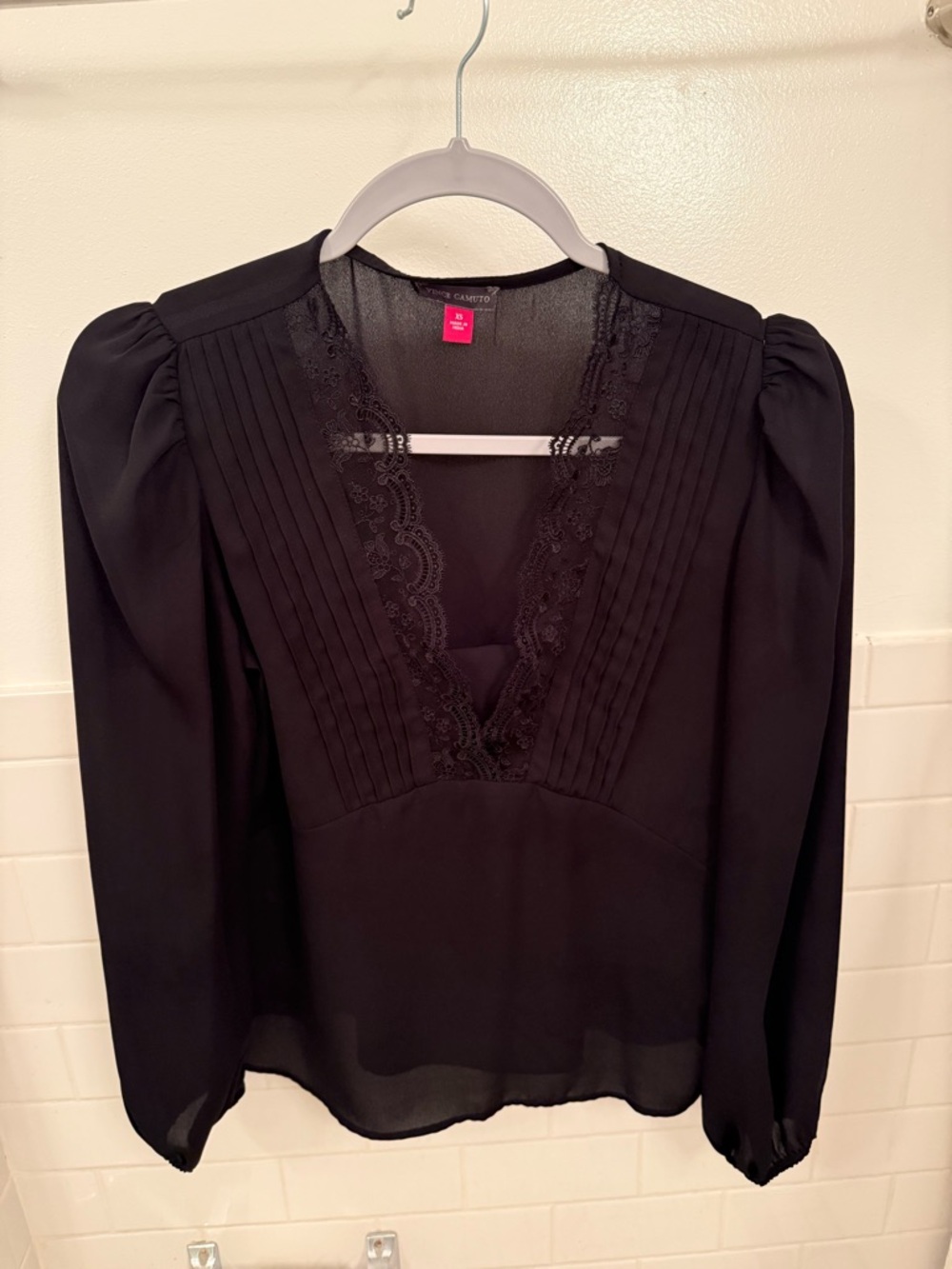Vince Camuto Black Lace V-Neck Pintuck Blouse